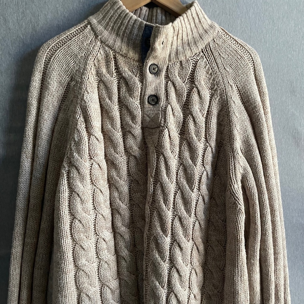 Weatherproof Vintage Sweater Mens XXL Tan Cable Knit Mock Neck Button Preppy - Picture 6 of 6